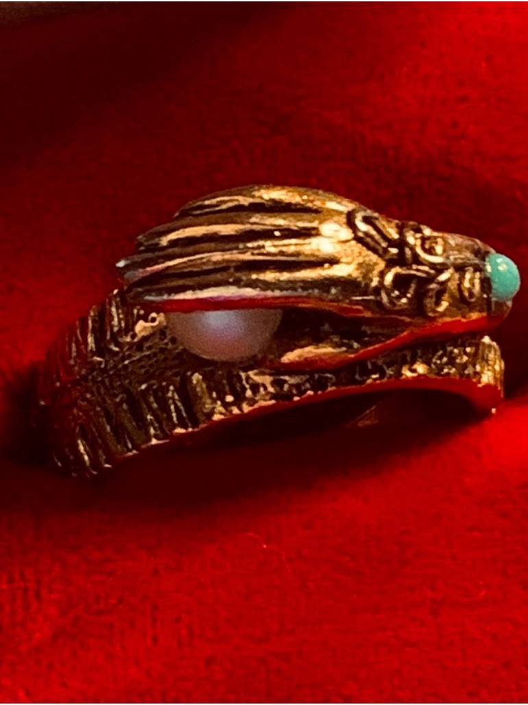 Turquoise & Pearl Gold-Plated Ring, Hand Ring, Vintage/Antique Sz. 7